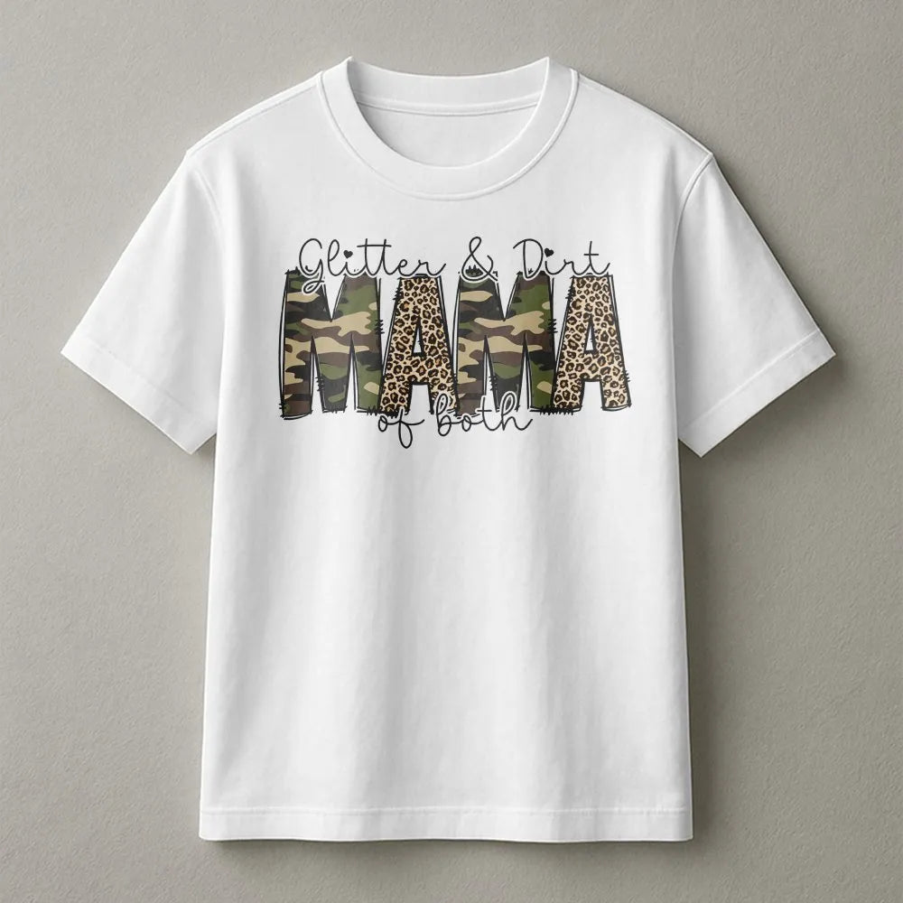 Mama of Both T-Shirt | Glitter & Dirt Leopard and Camo Print | Soft Cotton Tee | Cute Boy and Girl Mom Gift