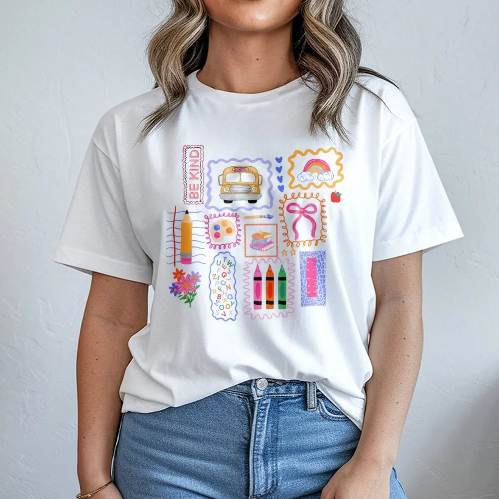 Teacher T-Shirt | Colorful School Doodles Graphic | Soft Cotton Tee | Preppy Back to School Gift for Her