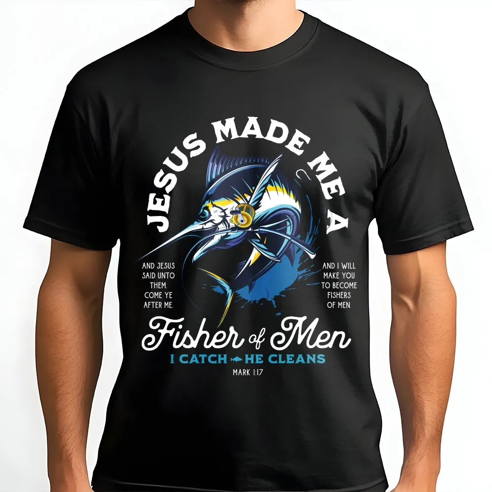 Fisher of Men T-Shirt | Marlin Fish Bible Verse Graphic | Premium Cotton | Christian Fisherman Gift