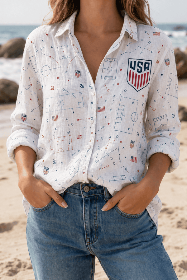 USA Soccer Team Soccer Pattern Women Linen Shirt