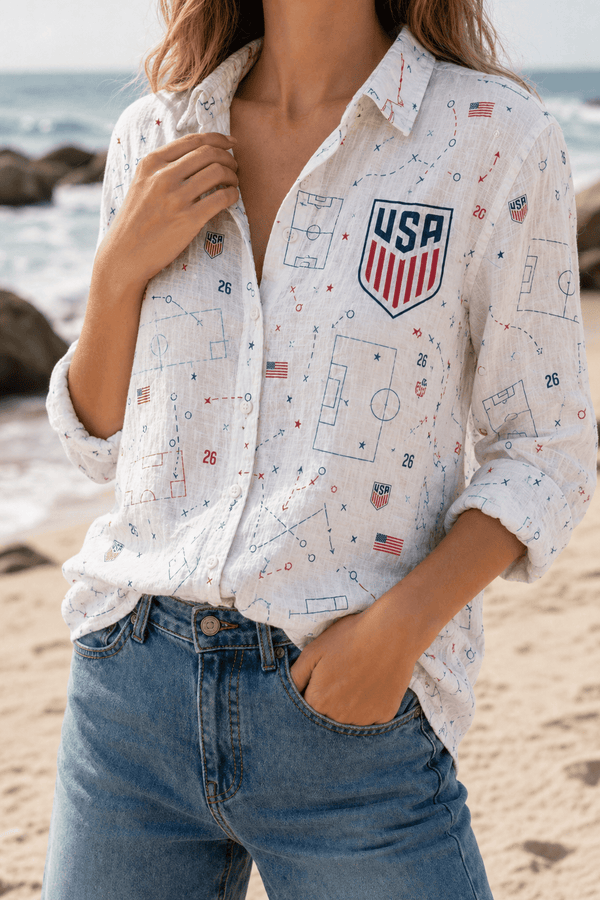 USA Soccer Team Soccer Pattern Women Linen Shirt