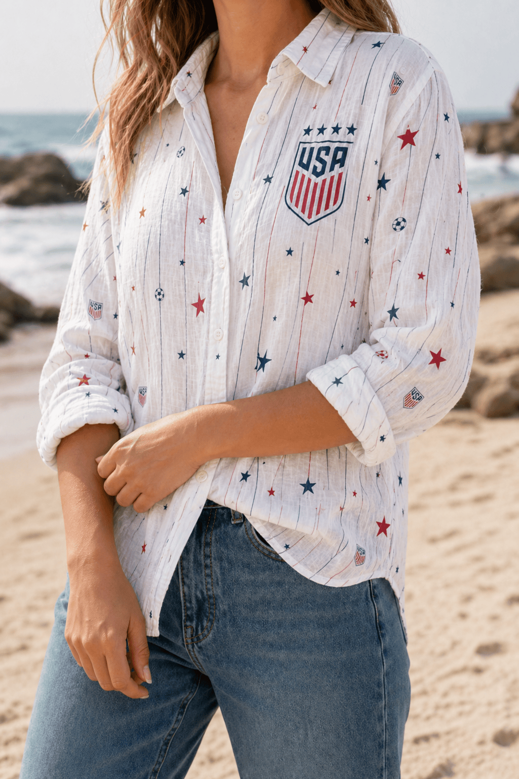 USA Soccer Team Star & Stripe Women Linen Shirt