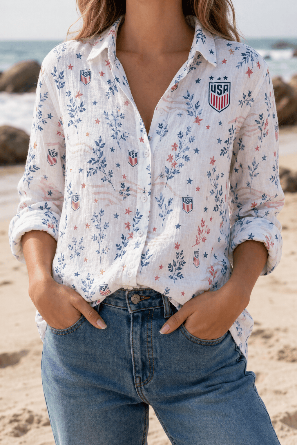 USA Soccer Team Floral Women Linen Shirt