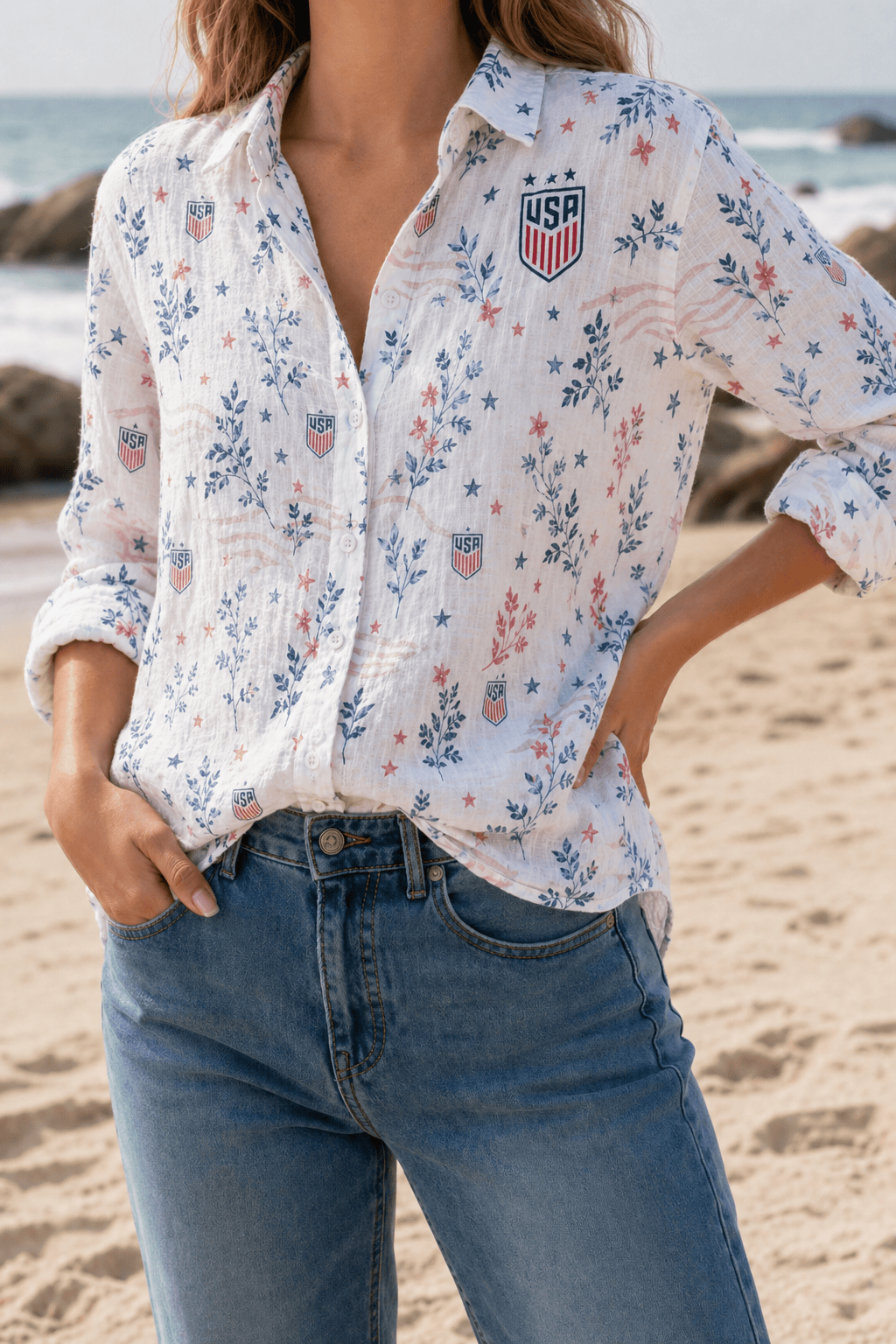 USA Soccer Team Floral Women Linen Shirt
