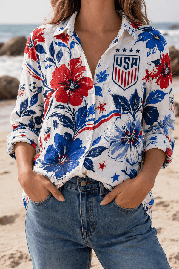USA Soccer Team Bold Patriot Floral Women Linen Shirt
