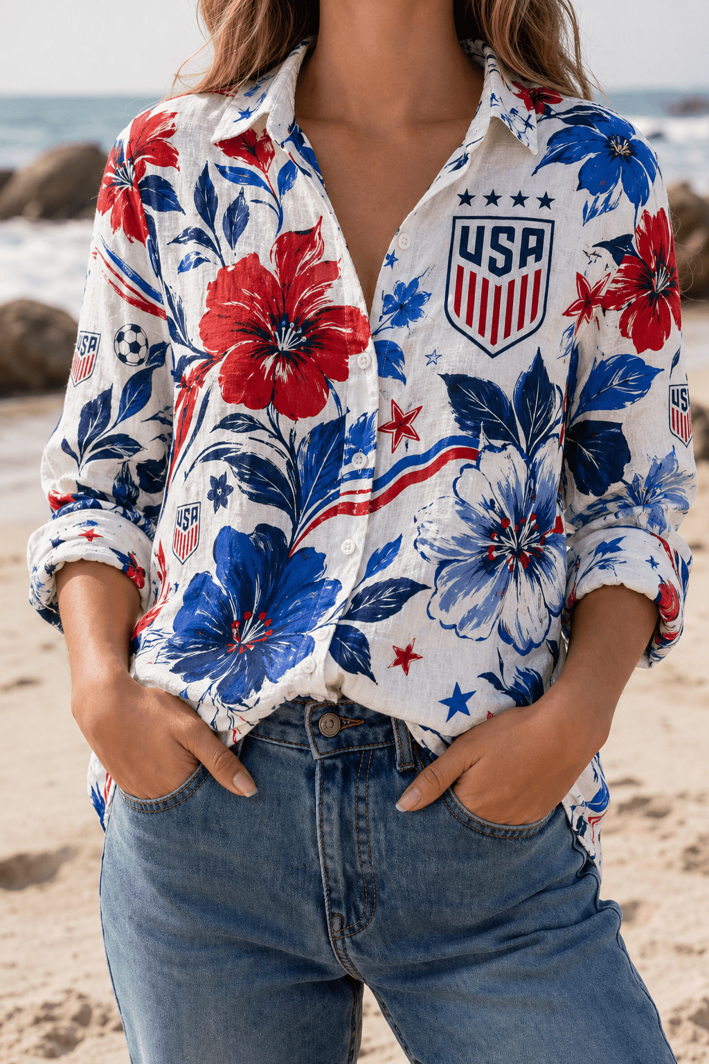 USA Soccer Team Bold Patriot Floral Women Linen Shirt