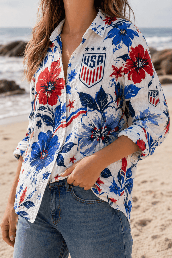 USA Soccer Team Bold Patriot Floral Women Linen Shirt