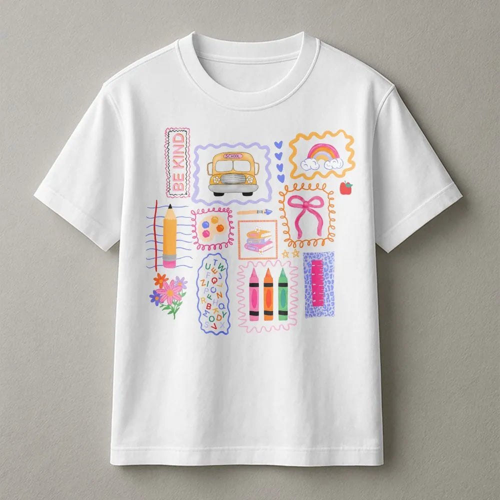Teacher T-Shirt | Colorful School Doodles Graphic | Soft Cotton Tee | Preppy Back to School Gift for Her