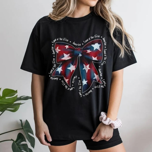 Patriotic Bow T-Shirt | Coquette American Flag Graphic | Soft Cotton Tee | 4th of July Gift for Women