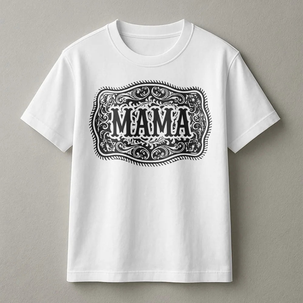 Western Mama T-Shirt | Vintage Rodeo Belt Buckle Graphic | Soft Cotton Tee | Country Cowgirl Gift for Mom