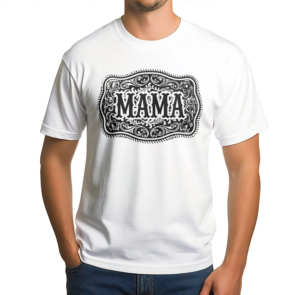 Western Mama T-Shirt | Vintage Rodeo Belt Buckle Graphic | Soft Cotton Tee | Country Cowgirl Gift for Mom