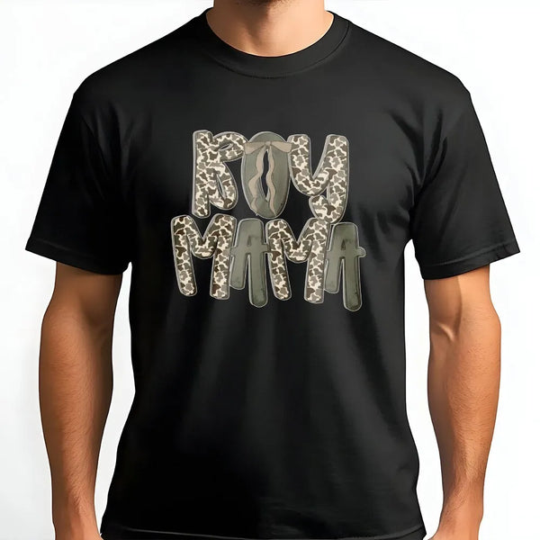 Boy Mama T-Shirt | Camo Lettering with Bow Graphic | Soft Cotton Tee | Trendy Western Style Gift for Mom