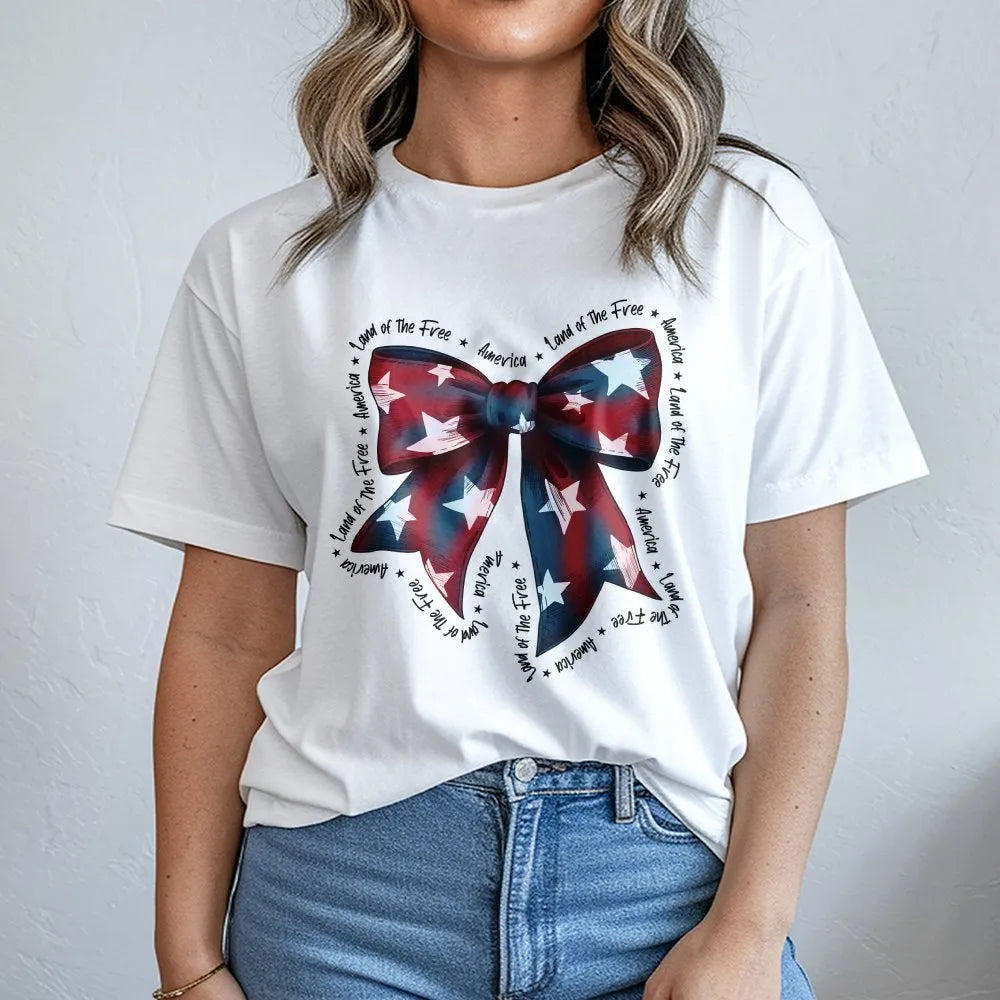 Patriotic Bow T-Shirt | Coquette American Flag Graphic | Soft Cotton Tee | 4th of July Gift for Women