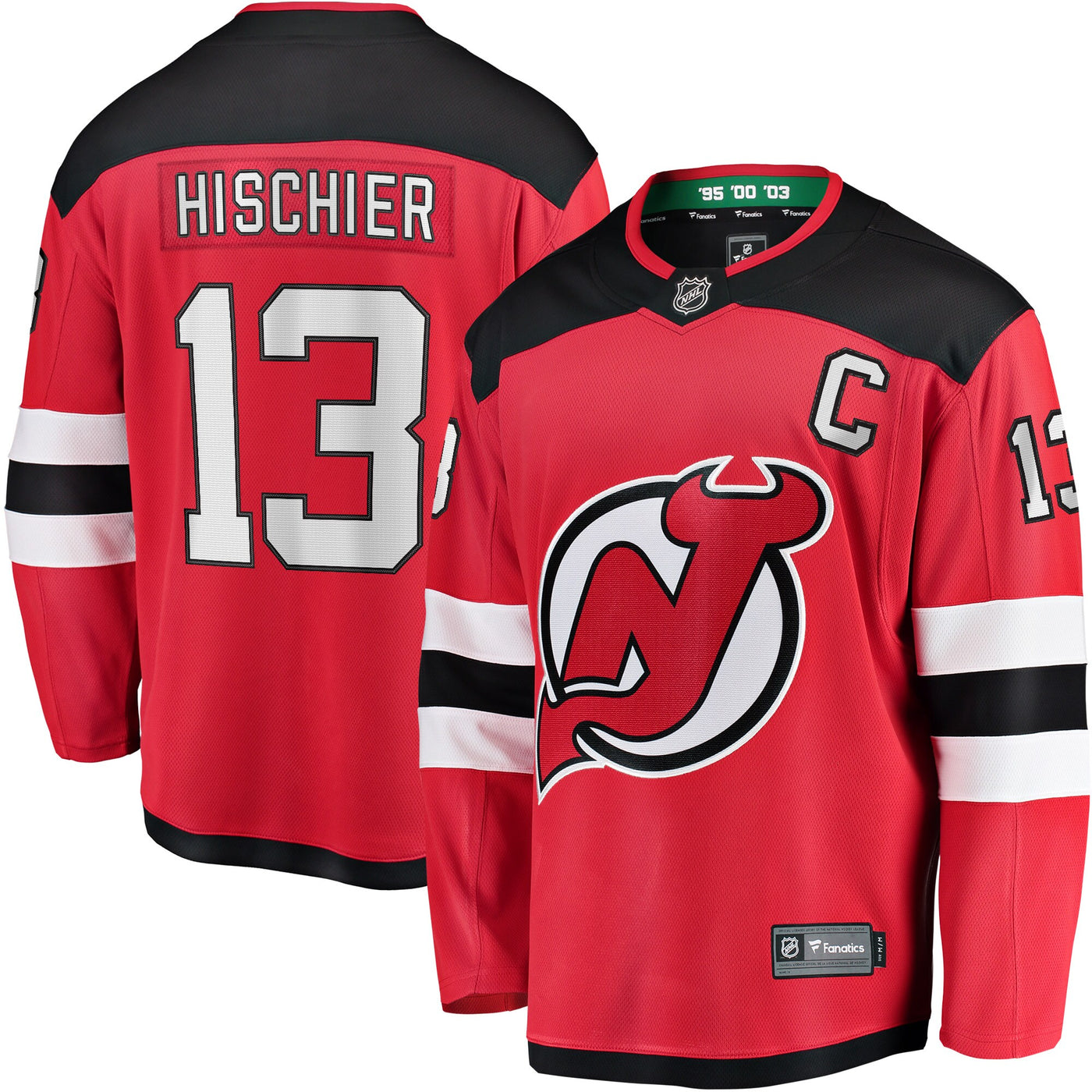 New Jersey Devils Nico Hischier Fanatics Red Captain Patch Home Breakaway Jersey