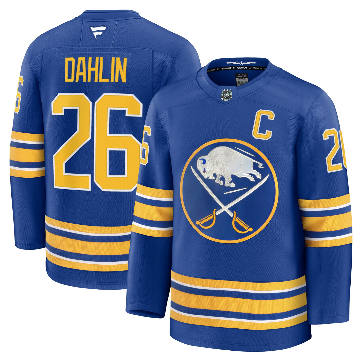 Buffalo Sabres Rasmus Dahlin Fanatics Royal Premium Jersey with Captain's Patch