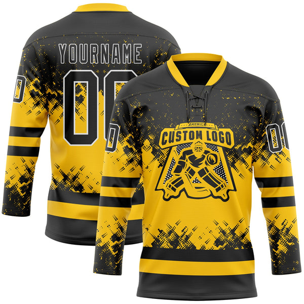Custom Black Yellow-White Abstract Splatter Paint Hockey Lace Neck Jersey