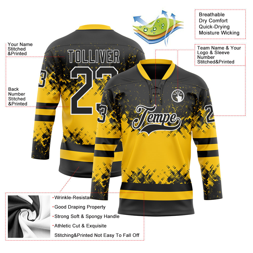 Custom Black Yellow-White Abstract Splatter Paint Hockey Lace Neck Jersey