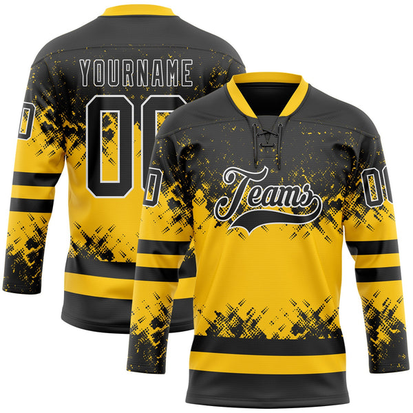 Custom Black Yellow-White Abstract Splatter Paint Hockey Lace Neck Jersey