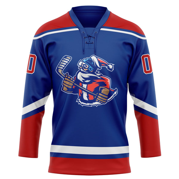 Custom Royal Red-White Christmas Santa Claus 3D Hockey Lace Neck Jersey