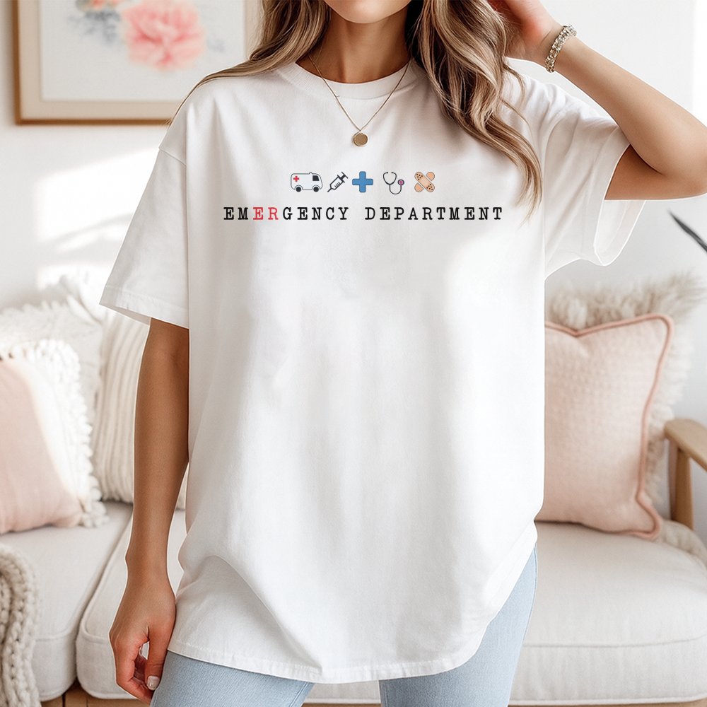 Emergency Department T-Shirt | Medical Icon Print | 100% Soft Cotton | Nurse Practitioner & ER Tech Gift