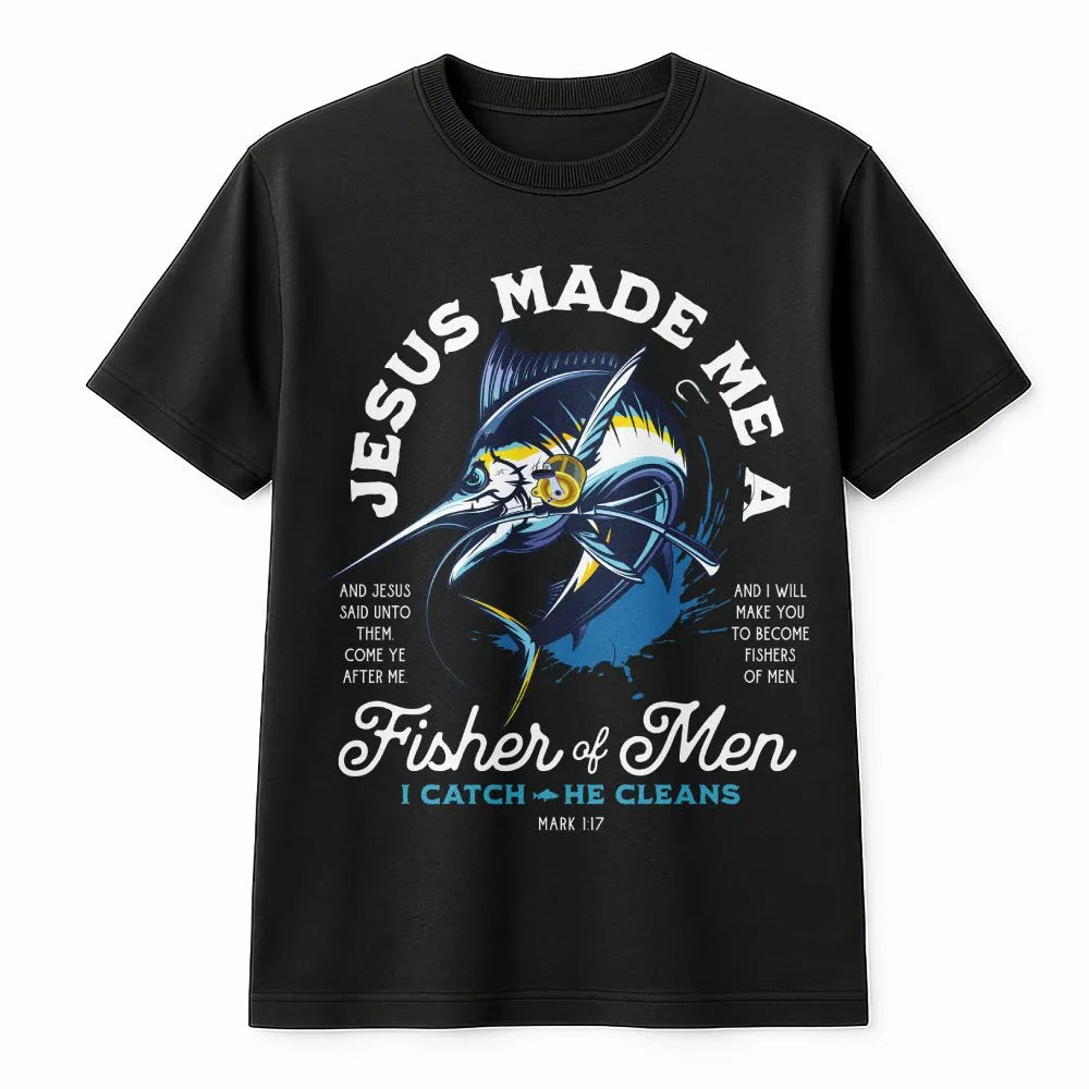 Fisher of Men T-Shirt | Marlin Fish Bible Verse Graphic | Premium Cotton | Christian Fisherman Gift