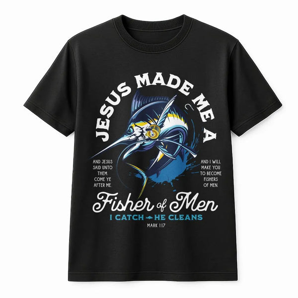Fisher of Men T-Shirt | Marlin Fish Bible Verse Graphic | Premium Cotton | Christian Fisherman Gift