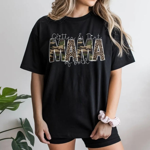 Mama of Both T-Shirt | Glitter & Dirt Leopard and Camo Print | Soft Cotton Tee | Cute Boy and Girl Mom Gift