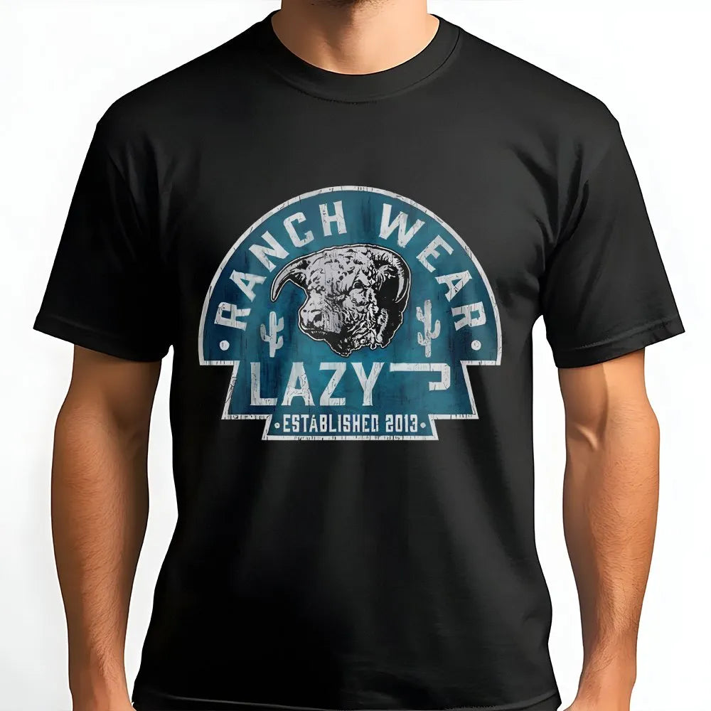 Lazy J Ranch Wear T-Shirt | Vintage Hereford Bull & Cactus Graphic | 100% Cotton | Western Cowboy Farmer Gift