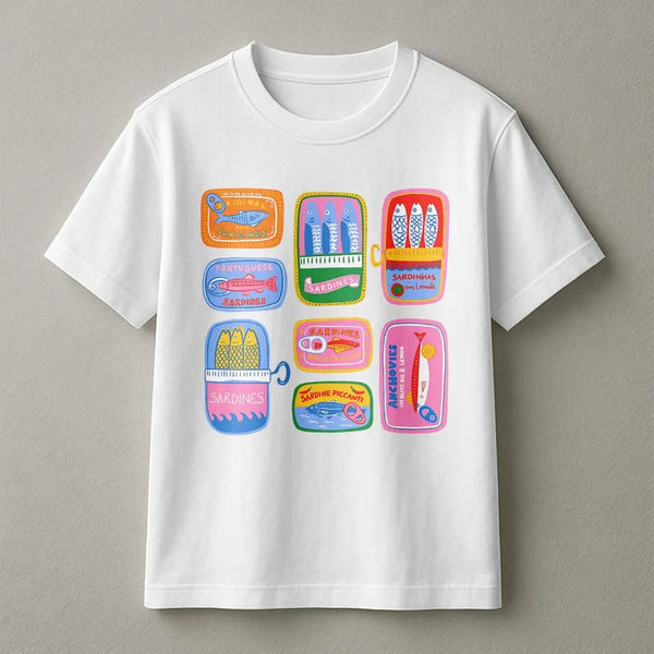 Tinned Fish T-Shirt | Portuguese Sardine Can Art | Premium Cotton-Blend | Unique Preppy Foodie Gift