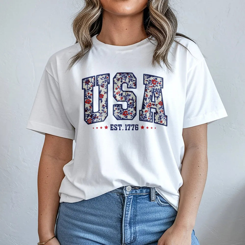 USA Floral T-Shirt | Patriotic American Flag Lettering | Premium Soft Cotton | Women 4th of July Gift