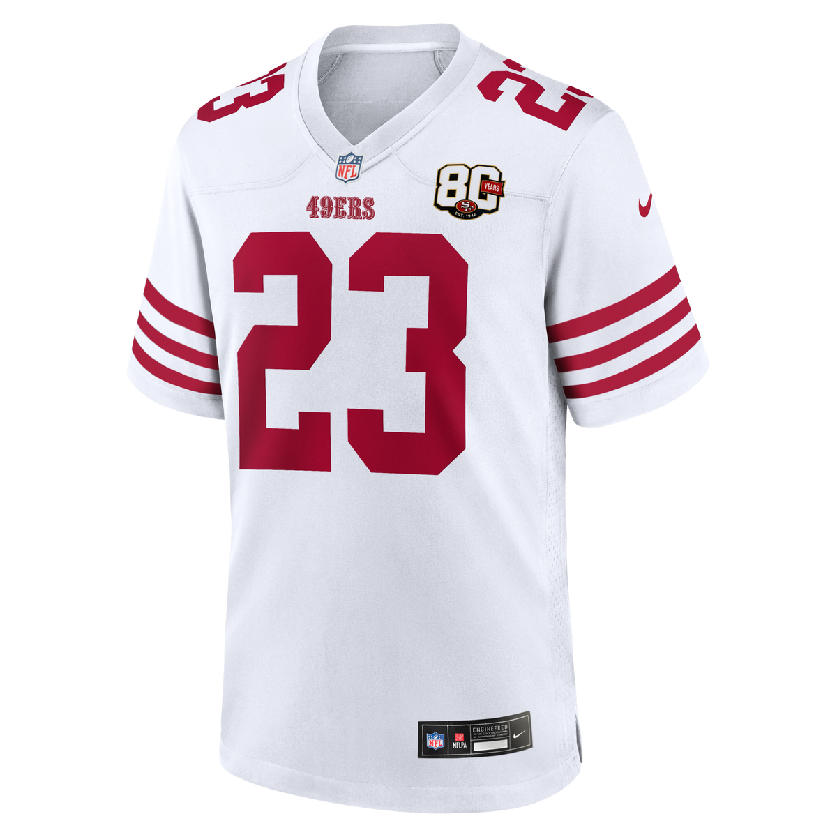 San Francisco 49ers Christian McCaffrey White 80th Anniversary Game Jersey
