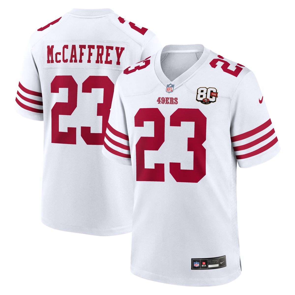 San Francisco 49ers Christian McCaffrey White 80th Anniversary Game Jersey