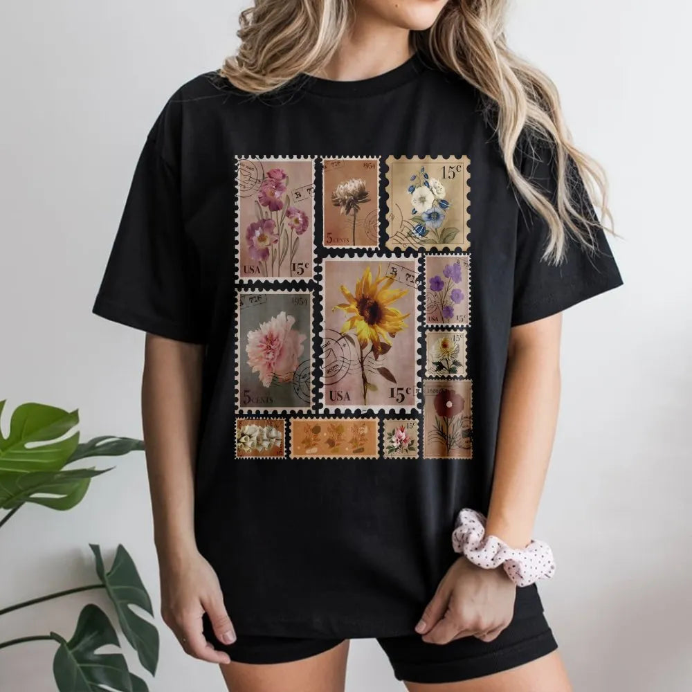 Vintage Flower Stamp T-Shirt | Botanical Postage Stamp Graphic | Soft Cotton Blend | Gift for Plant Lover