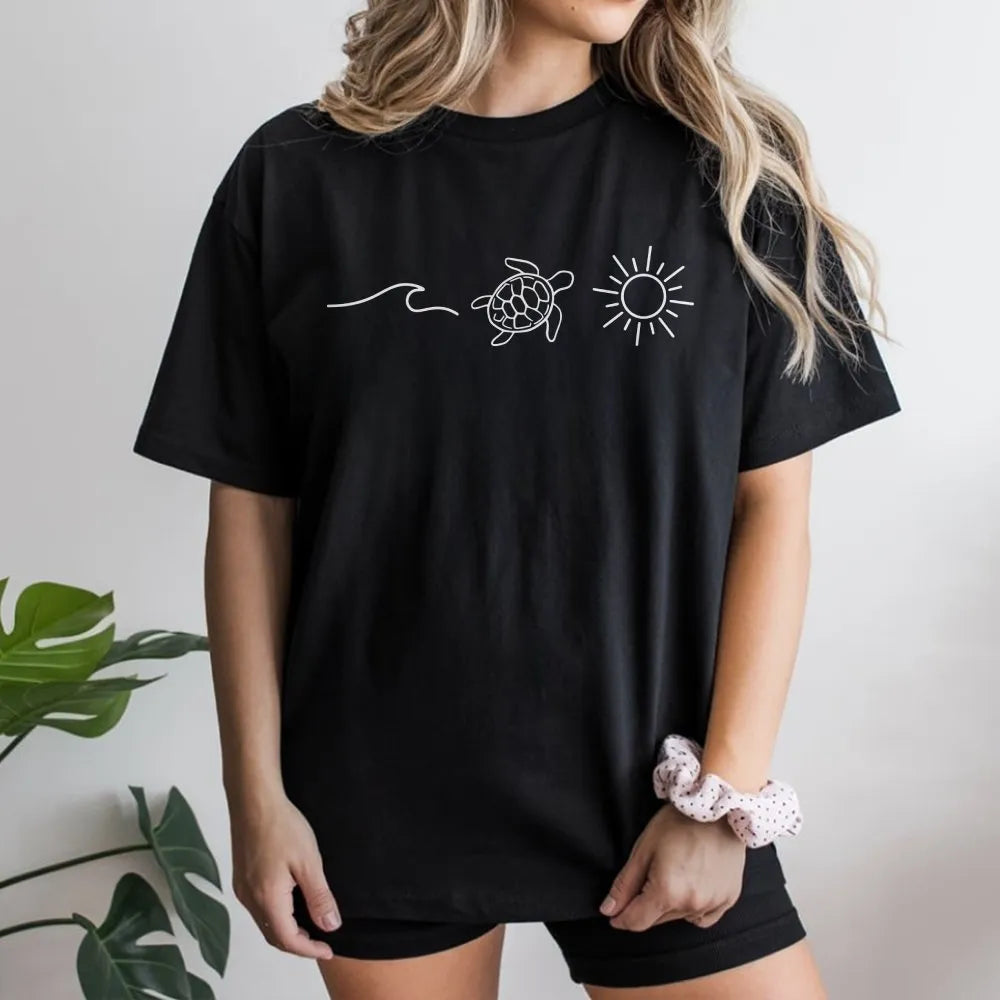 Minimalist Sea Turtle Sweatshirt | Ocean Wave and Sun Line Art | Soft Cotton Blend | Gift for Beach Lover