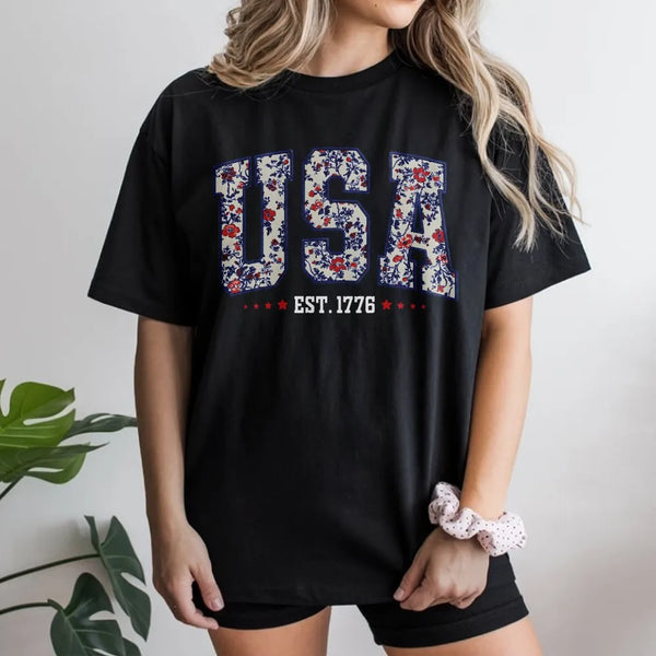 USA Floral T-Shirt | Patriotic American Flag Lettering | Premium Soft Cotton | Women 4th of July Gift
