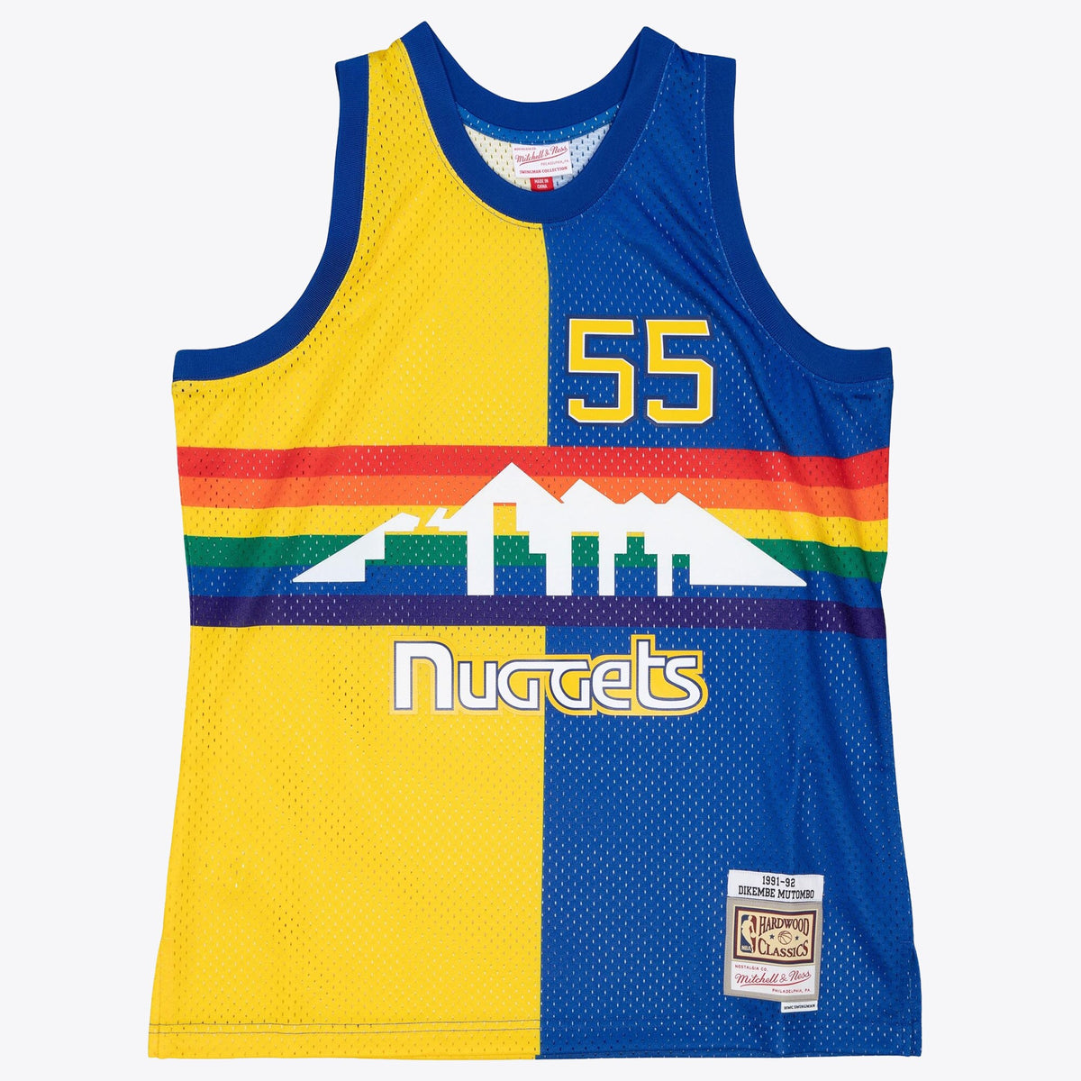 Denver Nuggets Mitchell & Ness Dikembe Mutombo 1991 Split Swingman Jersey - Blue/Yellow