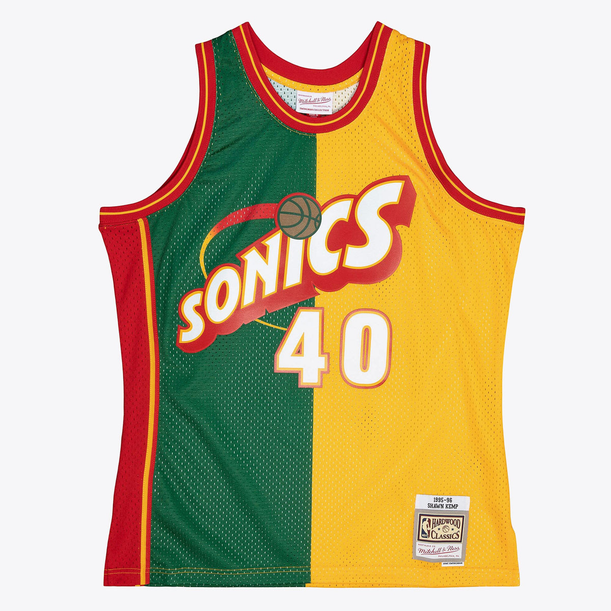 Seattle Supersonics Mitchell & Ness Shawn Kemp 1995 Split Swingman Jersey - Green/Yellow