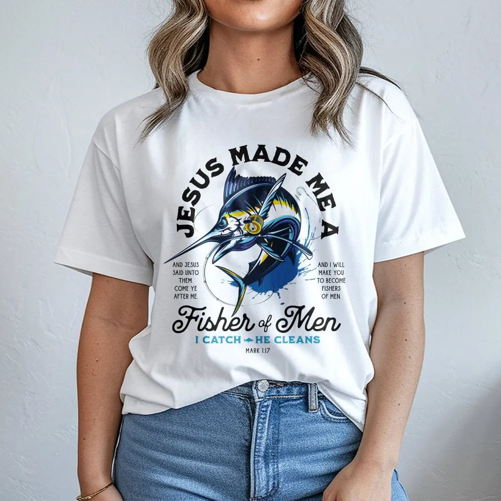 Fisher of Men T-Shirt | Marlin Fish Bible Verse Graphic | Premium Cotton | Christian Fisherman Gift