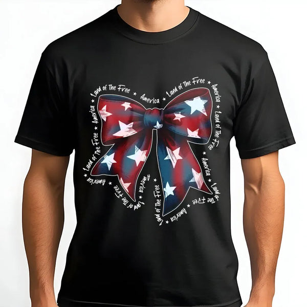 Patriotic Bow T-Shirt | Coquette American Flag Graphic | Soft Cotton Tee | 4th of July Gift for Women