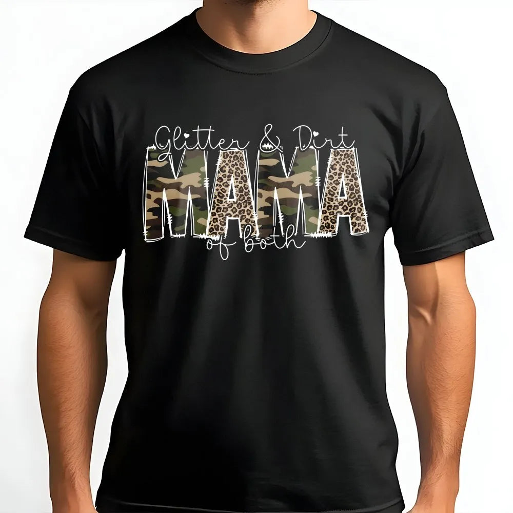 Mama of Both T-Shirt | Glitter & Dirt Leopard and Camo Print | Soft Cotton Tee | Cute Boy and Girl Mom Gift