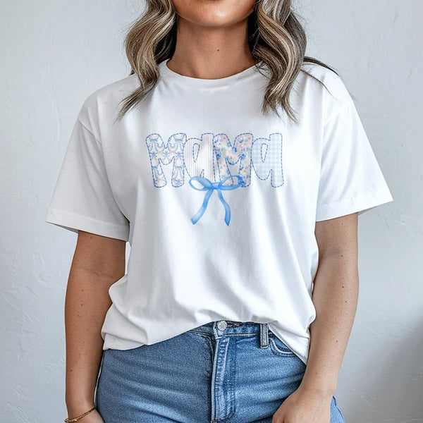 Mama T-Shirt | Blue Bow Patchwork Lettering | Soft Cotton Blend | New Mom Gift for Mother's Day