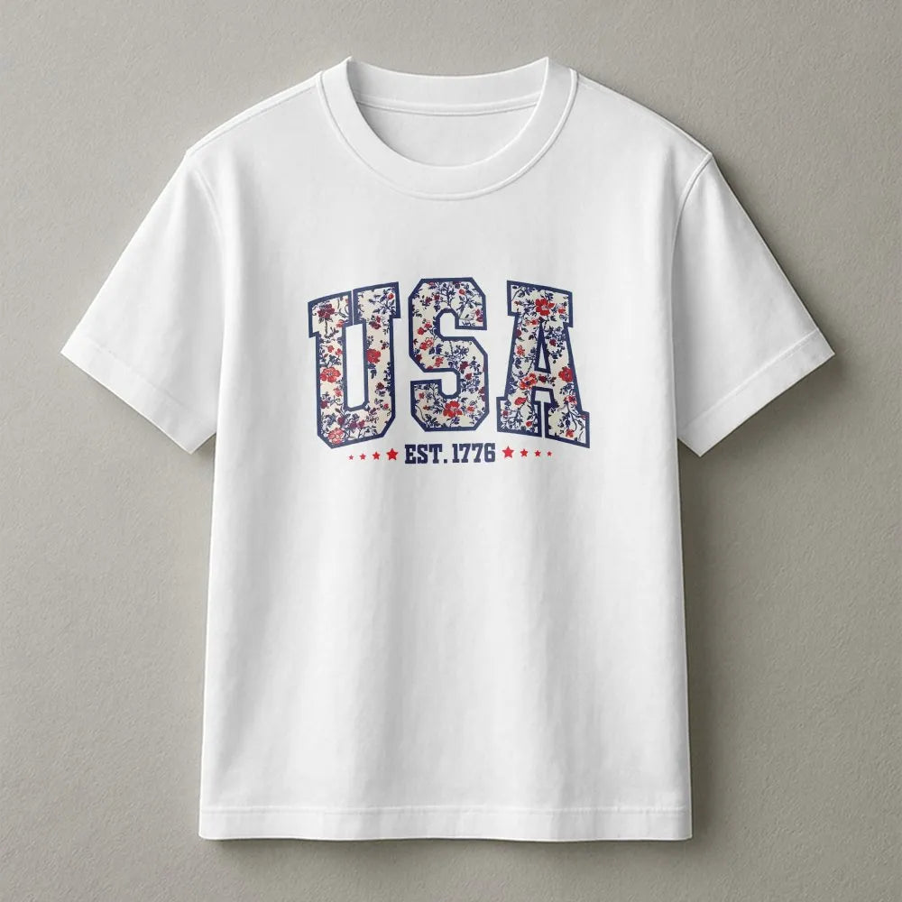 Girly USA T-Shirt | Floral Patriotic Est 1776 Sweatshirt | Cozy Cotton Blend | 4th of July Gift for Women
