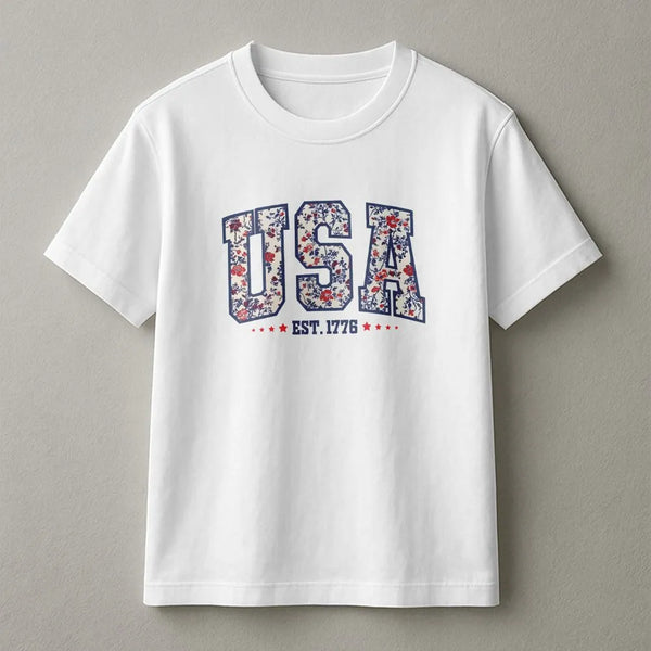 Girly USA T-Shirt | Floral Patriotic Est 1776 Sweatshirt | Cozy Cotton Blend | 4th of July Gift for Women
