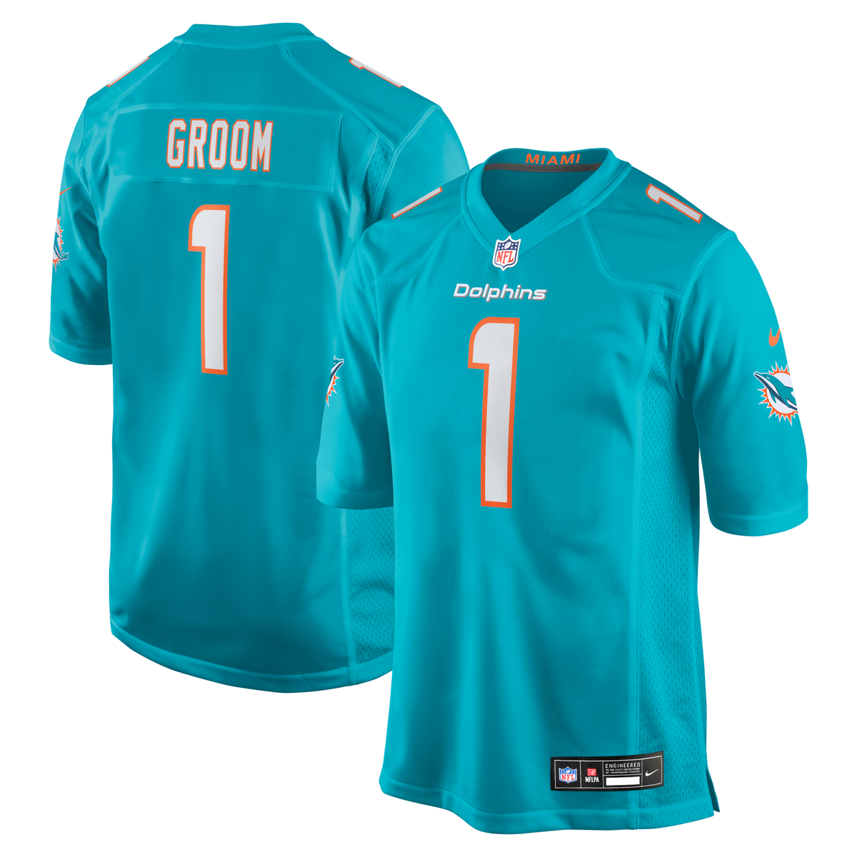 Miami Dolphins Number 1 Groom Aqua Game Jersey
