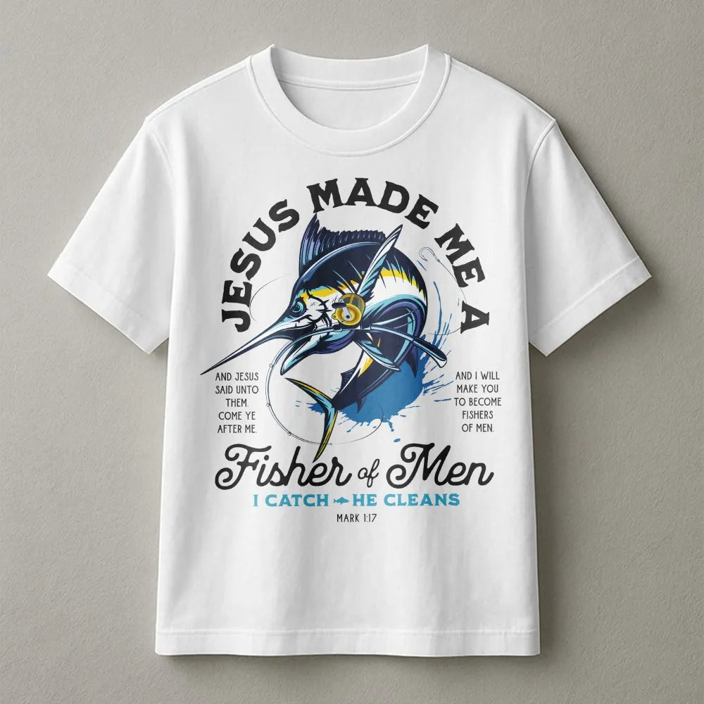 Fisher of Men T-Shirt | Marlin Fish Bible Verse Graphic | Premium Cotton | Christian Fisherman Gift