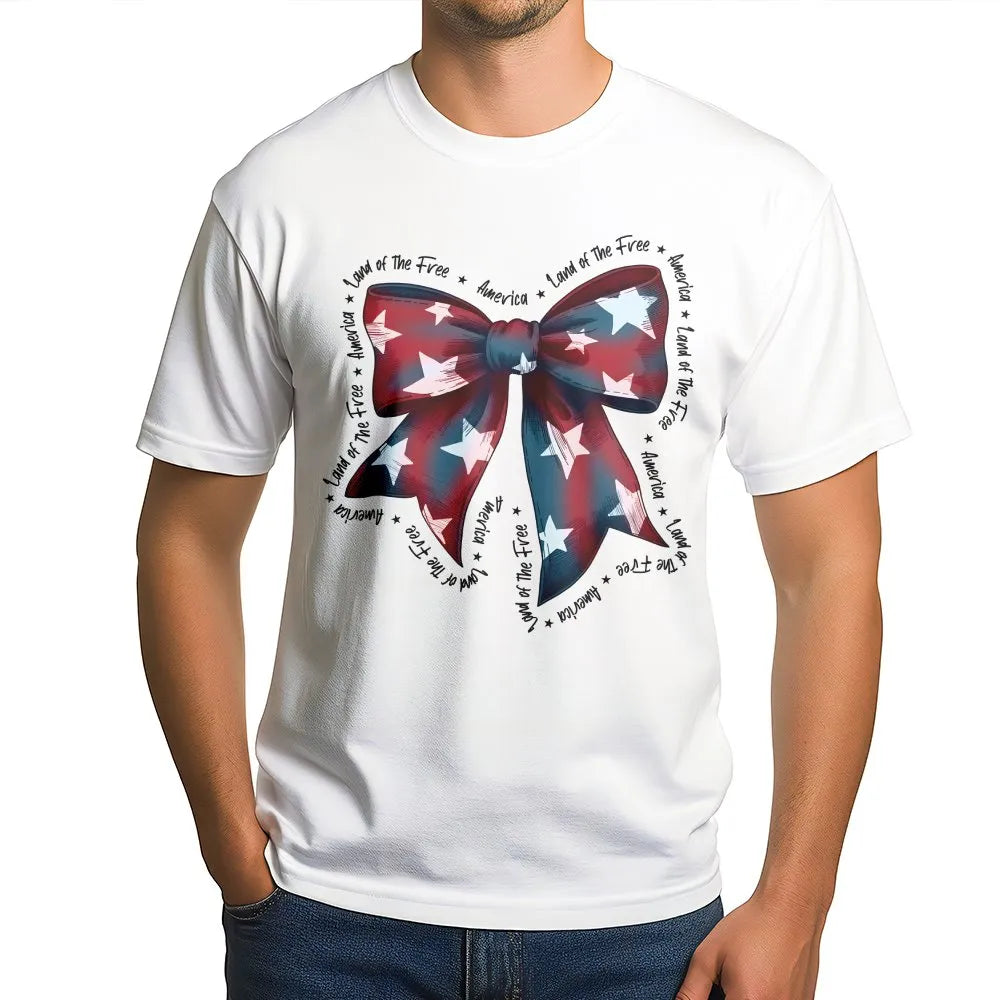 Patriotic Bow T-Shirt | Coquette American Flag Graphic | Soft Cotton Tee | 4th of July Gift for Women