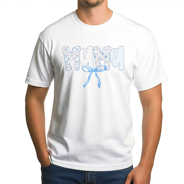 Mama T-Shirt | Blue Bow Patchwork Lettering | Soft Cotton Blend | New Mom Gift for Mother's Day