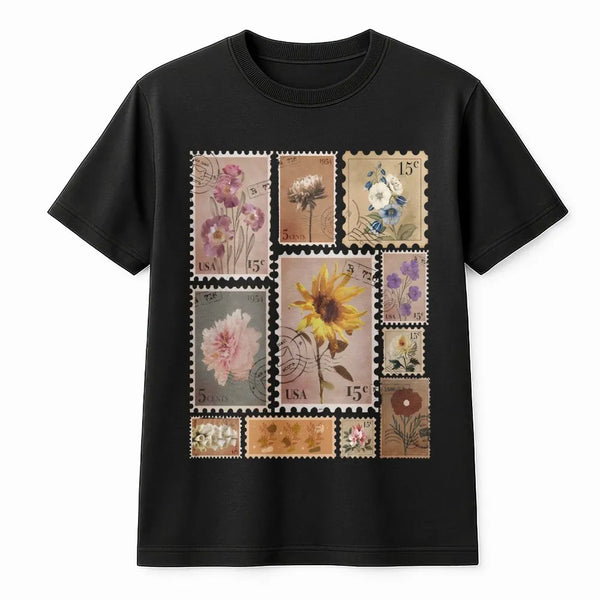 Vintage Flower Stamp T-Shirt | Botanical Postage Stamp Graphic | Soft Cotton Blend | Gift for Plant Lover