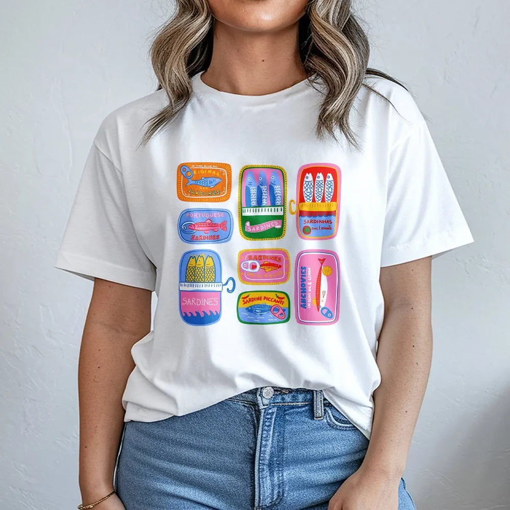 Tinned Fish T-Shirt | Portuguese Sardine Can Art | Premium Cotton-Blend | Unique Preppy Foodie Gift
