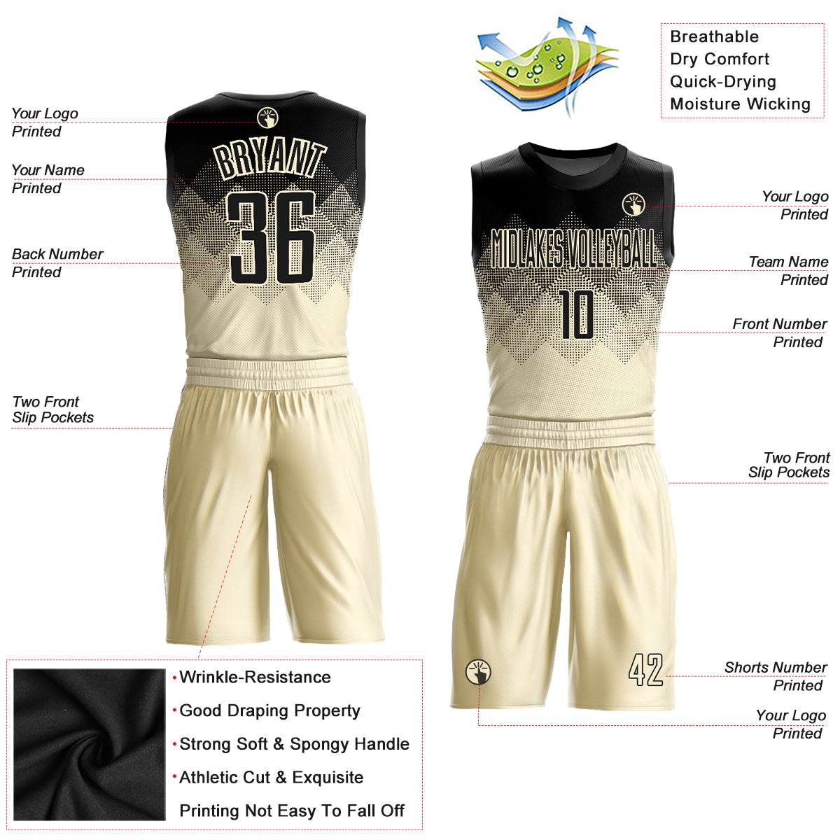 Custom Cream Black Round Neck Sublimation Basketball Uniform Jersey